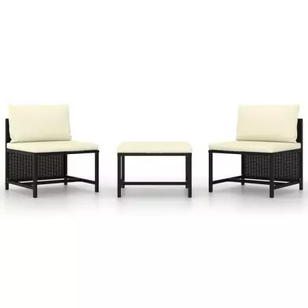 Set Divani da Giardino 3 pz con Cuscini in Polyrattan Nero