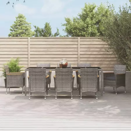 Set da Pranzo da Giardino 9 pz con Cuscini in Polyrattan Grigio