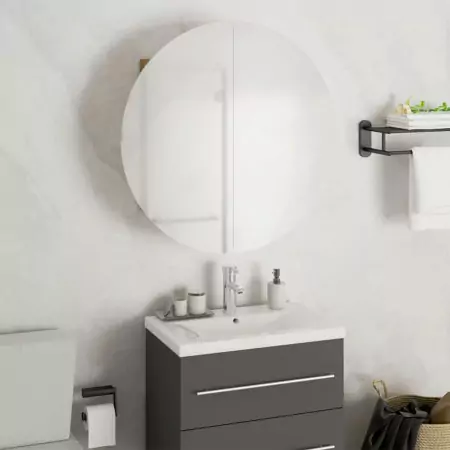 Armadio da Bagno con Specchio Rotondo e LED Rovere 47x47x17,5cm