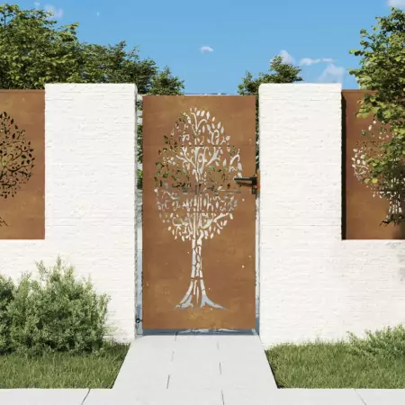 Cancello da Giardino 85x200 cm in Acciaio Corten Design Albero