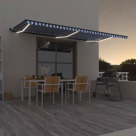 Tenda da Sole Retrattile Manuale con LED 600x350 cm Blu Bianca