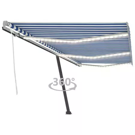 Tenda da Sole Retrattile Manuale con LED 600x350 cm Blu Bianca