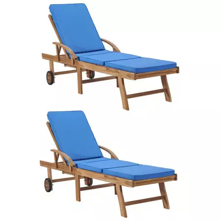 Lettini Prendisole con Cuscini 2 pz in Legno di Teak Blu