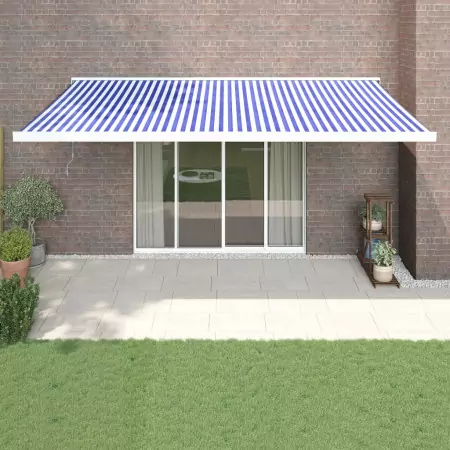 Tenda da Sole Retrattile Blu e Bianca 5x3 m Tessuto e Alluminio