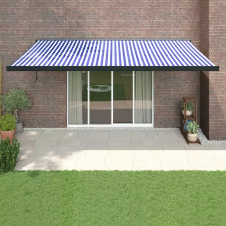 Tenda da Sole Retrattile Blu e Bianca 5x3 m Tessuto e Alluminio