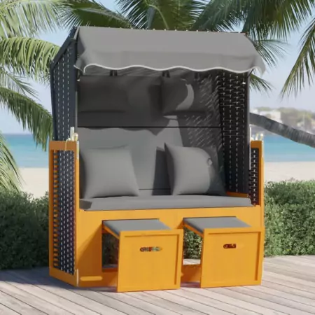 Strandkorb Cuscino Polyrattan e Legno Massello Nero e Antracite