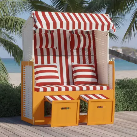 Strandkorb Cuscini Polyrattan e Legno Massello Rosso e Bianco