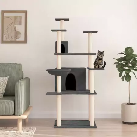 Albero per Gatti con Tiragraffi in Sisal Grigio Scuro 166 cm