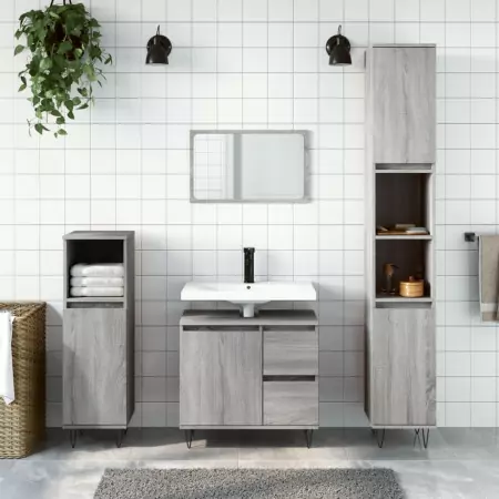 Set Mobili da Bagno 3 pz Grigio Sonoma in Legno Multistrato