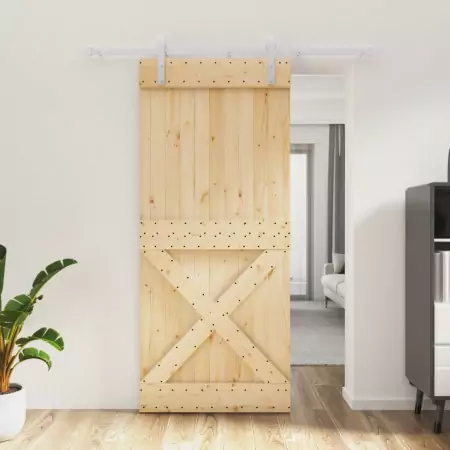 Porta Scorrevole con Set Hardware 90x210 cm Legno Massello Pino