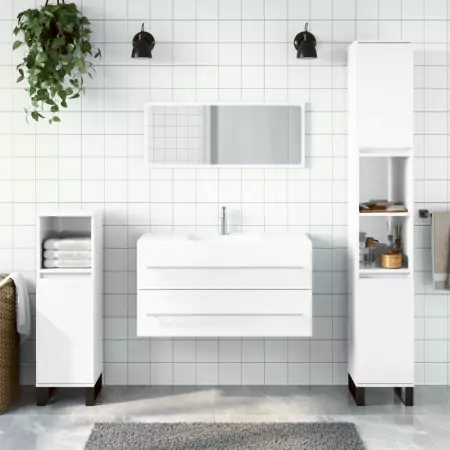 Mobile da Bagno con Specchio Bianco Lucido in Legno Multistrato