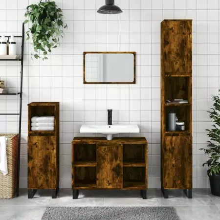 Set Mobili da Bagno 3 pz Rovere Fumo in Legno Multistrato