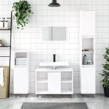 Set Mobili da Bagno 3 pz Bianco Lucido in Legno Multistrato