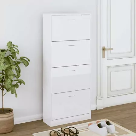 Scarpiera Bianco Lucido 63x24x147 cm in Legno Multistrato