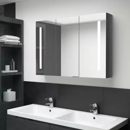 Armadietto Bagno con Specchio e LED 89x14x62 cm Grigio Lucido