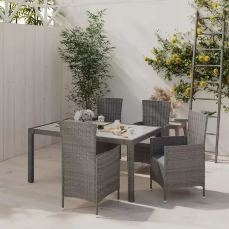 Set da Pranzo da Giardino 5 pz con Cuscini in Polyrattan Grigio