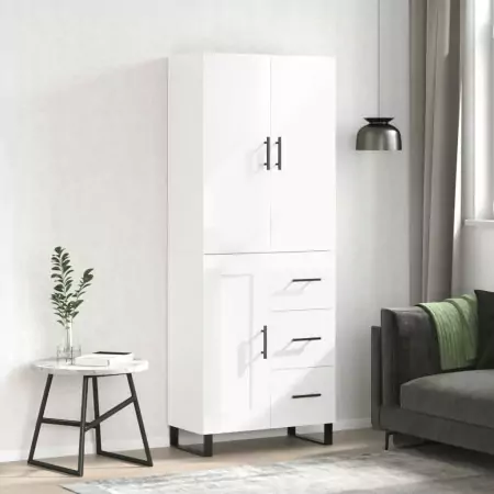 Credenza Bianco Lucido 69,5x34x180 cm in Legno Multistrato