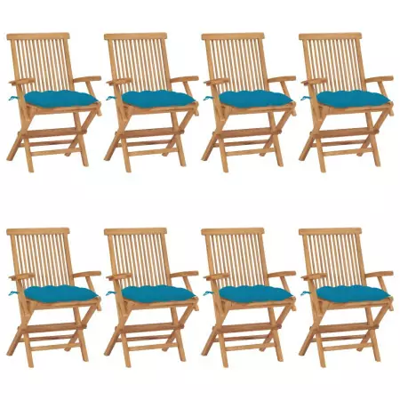 Sedie da Giardino con Cuscini Celesti 8 pz in Massello di Teak