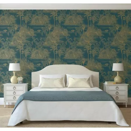 DUTCH WALLCOVERINGS Carta da Parati "Tropical" Blu Scuro e Oro