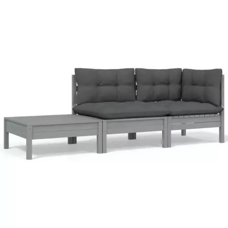 Set Divani da Giardino 3 pz Grigio Cuscini Massello di Pino