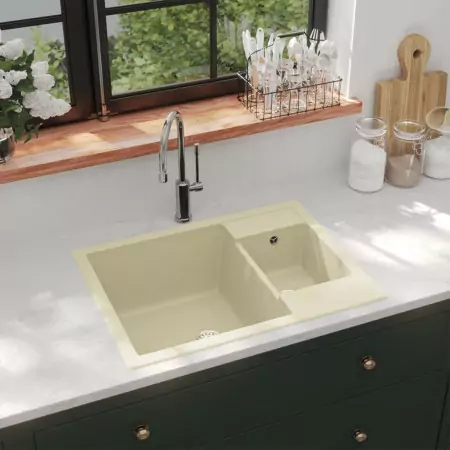 Lavello da Cucina Doppio con Foro Troppopieno Beige in Granito