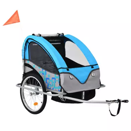 Rimorchio da Bici per Bambini e Passeggino 2 in 1 Blu e Grigio