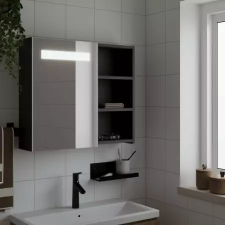 Armadietto Bagno con Specchio e LED Nero 60x13x52 cm