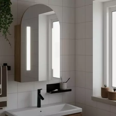 Armadietto Bagno con Specchio e LED ad Arco Rovere 42x13x70 cm