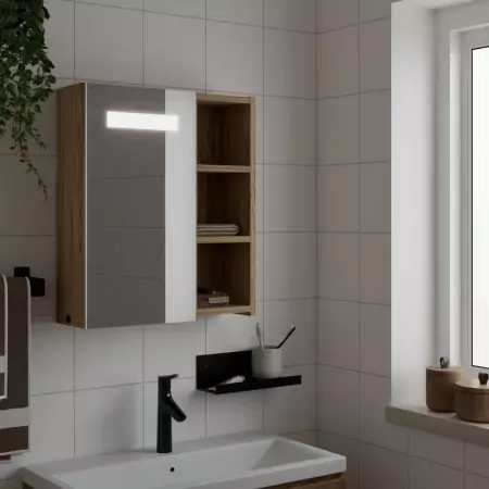 Armadietto Bagno con Specchio e LED Rovere 45x13x52 cm