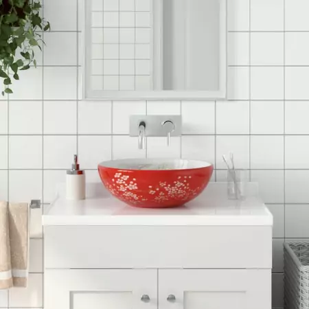 Lavabo da Appoggio Bianco e Rosso Rotondo Φ41x14 cm Ceramica