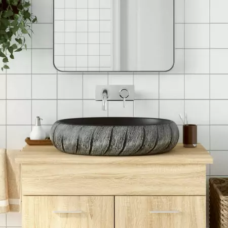 Lavabo da Appoggio Nero e Grigio Ovale 59x40x15 cm Ceramica