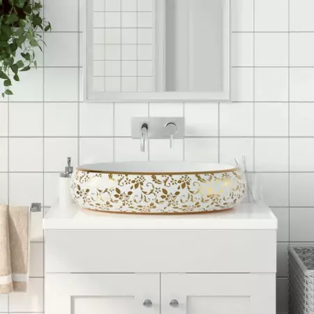 Lavabo da Appoggio Bianco e Oro Ovale 59x40x15 cm Ceramica