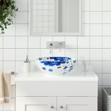 Lavabo da Appoggio Bianco e Blu Rotondo Φ41x14 cm Ceramica