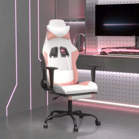 Sedia da Gaming Massaggio Poggiapiedi Bianco e Rosa Similpelle