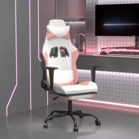 Sedia da Gaming con Poggiapiedi Bianco e Rosa in Similpelle