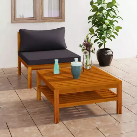 Set Divani da Giardino 2pz Cuscini Grigio Scuro Massello Acacia