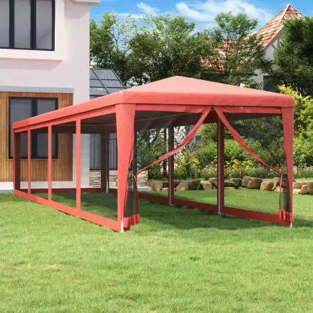 Tenda per Feste con 10 Pareti Laterali in Rete Rosso 3x12m HDPE