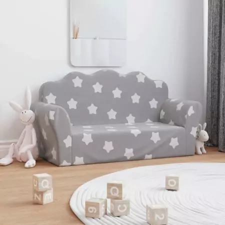 Divano Bambini 2 Posti Grigio Chiaro con Stelle Morbido Peluche