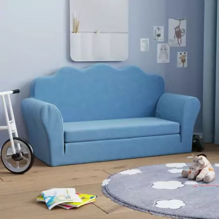 Divano Letto per Bambini a 2 Posti Blu in Morbido Peluche