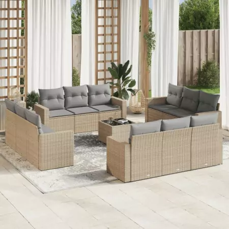 Set Divano da Giardino 13 pz con Cuscini Beige in Polyrattan