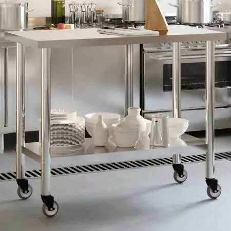 Tavolo da Lavoro Cucina con Ruote 110x55x85 cm in Acciaio Inox