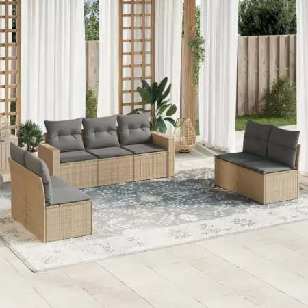 Set Divani da Giardino 7 pz con Cuscini Beige in Polyrattan