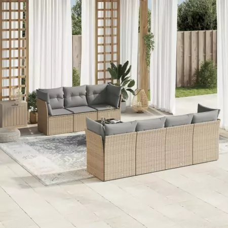 Set Divano da Giardino 8 pz con Cuscini Beige in Polyrattan