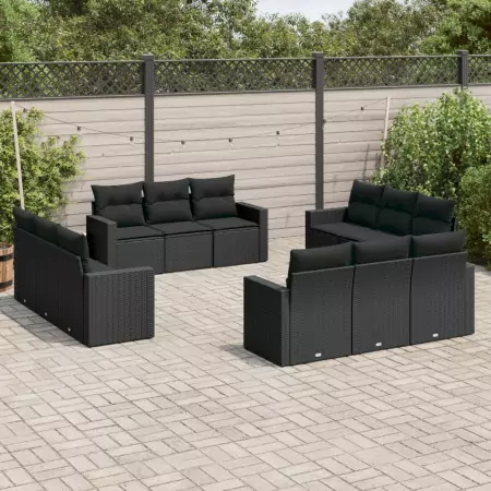 Set Divani da Giardino 12 pz con Cuscini Nero in Polyrattan