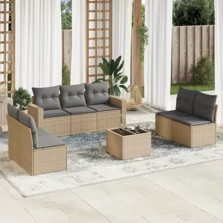 Set Divano da Giardino 8 pz con Cuscini Beige in Polyrattan