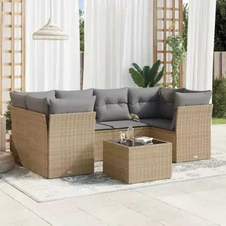 Set Divani da Giardino 7 pz con Cuscini Beige in Polyrattan