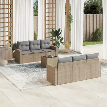 Set Divani da Giardino 7 pz con Cuscini Beige in Polyrattan