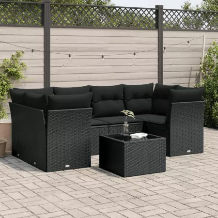 Set Divani da Giardino con Cuscini 7pz Nero Polyrattan