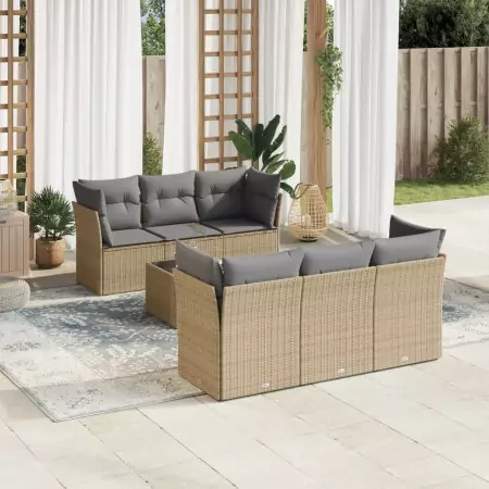 Set Divani da Giardino 7 pz con Cuscini Beige in Polyrattan