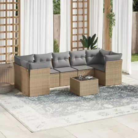 Set Divano da Giardino 8 pz con Cuscini Beige in Polyrattan